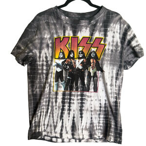KISS Band Graphic T-Shirt Mens Medium‎ Gray White Tie Dye Rock Concert Tee 2020